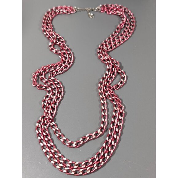 Vintage Pink Silver Tone Curb Cuban Multi Chain Layer Necklace 26" - Picture 2 of 9